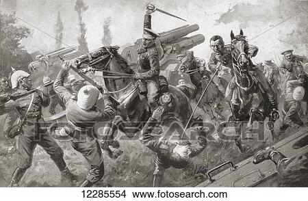 Picture - The charge of the 9th Lancers, or Delhi Spearmen, during the great retreat from Mons to Cambrai, during WWI in 1914. From The War Illustrated Album Deluxe, published 1915.. Fotosearch