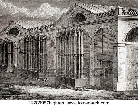 Stock Photograph - The coal gas condenser plant at La Villette, Paris, France in the 19th century. From Les Merveilles de la Science, published c. 1870. Fotosearch