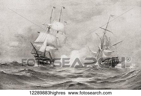 Stock Photograph - The combat between USS Constitution and HMS Guerriere, during The War of 1812, approximately 400 miles southeast of Halifax, Nova Scotia. From The History of Our Country, published 1905.. Fotosearch