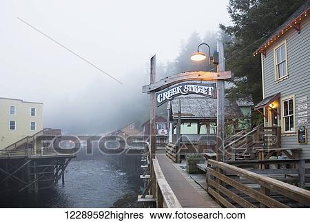The Creek Street sign and boardwalk in the fog, downtown Ketchikan, Southeast Alaska, USA, Spring View Large Photo Image Stock Photograph - The Creek Street sign and boardwalk in the fog, downtown Ketchikan, Southeast Alaska, USA, Spring. Fotosearch