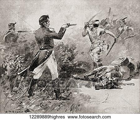 Stock Photograph - The death of Tecumseh during The Battle of the Thames, October 5, 1813. Tecumseh, 1768 1813. Native American leader of the Shawnee and a large tribal confederacy known as Tecumseh's Confederacy. From The History of Our Country, published 1905.. Fotosearch