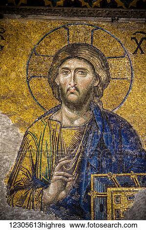 Stock Photograph - The Deesis mosaic of Christ, widely considered the finest in Hagia Sophia, because of the softness of the features, the humane expressions and the tones of the mosaic; Istanbul, Turkey. Fotosearch