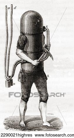 Stock Photograph - The Diving Machine of Karl Heinrich Klingert, 1797. This consisted of a jacket and trousers made of waterproof leather, a helmet with a porthole, and a metal front. It was linked to a turret with an air reservoir which could not replenish itself, so.... Fotosearch