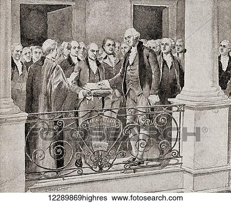 Stock Photograph - The first inauguration of George Washington, April 30, 1789. George Washington, 1732 -1799. First President of the United States (17891797), Commander-in-Chief of the Continental Army during the American Revolutionary War, and one of the Founding.... Fotosearch