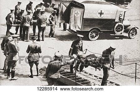 The first of the wounded during WWI, seen here at the French port of Le Havre, being invalided for wounds back to Britain. From The Pageant of the Century, published 1934 View Large Photo Image Picture - The first of the wounded during WWI, seen here at the French port of Le Havre, being invalided for wounds back to Britain. From The Pageant of the Century, published 1934. Fotosearch