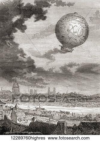 Stock Photograph - The first untethered balloon flight, by Jean-Franois Piltre de Rozier and the Marquis d'Arlandes on 21 November 1783 in a Montgolfier balloon. From Les Merveilles de la Science, published c. 1870. Fotosearch