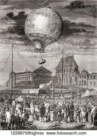 Stock Photograph - The flight of the Arostat Rveillon on 19th of September 1783 by the Montgolfier brothers at Versailles, France, before King Louis XVI of France and Queen Marie Antoinette. From Les Merveilles de la Science, published c. 1870. Fotosearch