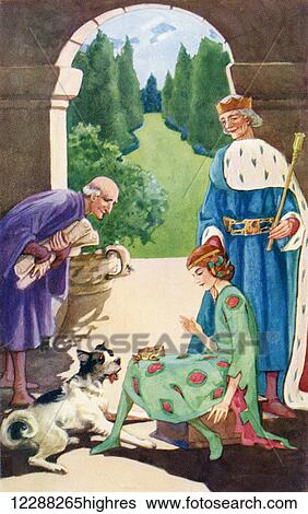 Stock Photograph - The Frog jumps into the Princess's Lap. Colour illustration by Helen Stratton from the story The Leaping Match. book Hans Andersen's Fairy Tales published c. 1930.. Fotosearch