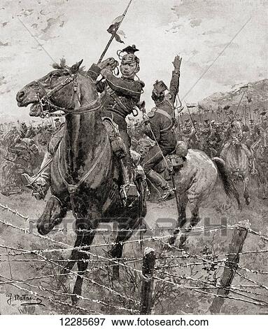 Stock Photo - The German cavalry, the Uhlans, come up against barbed wire erected by the Belgians to stop their advance during World War One. From The History of the Great War, published c. 1919. Fotosearch