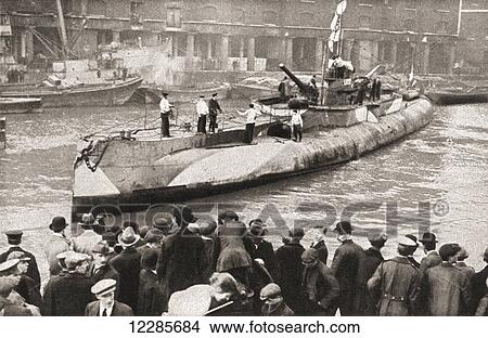 The German submarine U-155 on display in St. Katherine docks, London, England at the end of World War One. From The Pageant of the Century, published 1934 View Large Photo Image Picture - The German submarine U-155 on display in St. Katherine docks, London, England at the end of World War One. From The Pageant of the Century, published 1934. Fotosearch