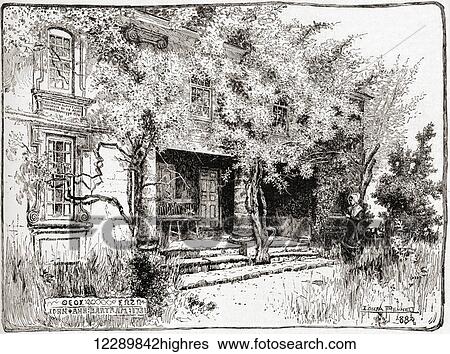 Stock Photograph - The home of John Bartram near Philadelphia, United States of America. John Bartram, 1699 1777. American botanist, horticulturist and explorer. From The Century Illustrated Monthly Magazine, published 1884.. Fotosearch