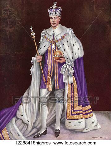Stock Photograph - The King Enthroned and Crowned. George VI, Albert Frederick Arthur George, 1895 to 1952. From the Coronation Souvenir Book published 1937.. Fotosearch
