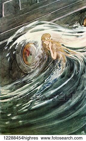 Stock Photograph - The Little Mermaid Watches. Colour illustration by Helen Stratton from the book Hans Andersen's Fairy Tales published c. 1930.. Fotosearch