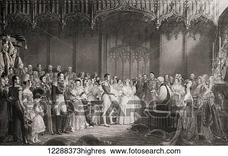 Stock Photograph - The Marriage of Queen Victoria and Prince Albert, 1840. Queen Victoria, Alexandrina Victoria, 1819 1901. Queen of the United Kingdom and Empress of India. Prince Albert of Saxe-Coburg and Gotha, Francis Albert Augustus Charles Emmanuel, later The.... Fotosearch