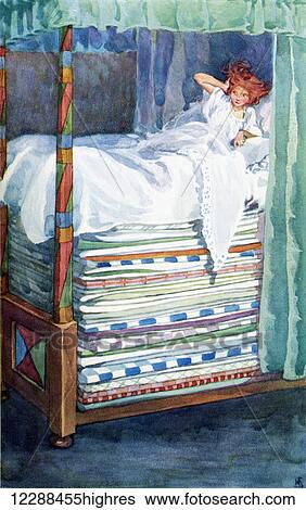 Stock Photograph - The Princess and the Pea. Colour illustration by Helen Stratton from the book Hans Andersen's Fairy Tales published c. 1930.. Fotosearch