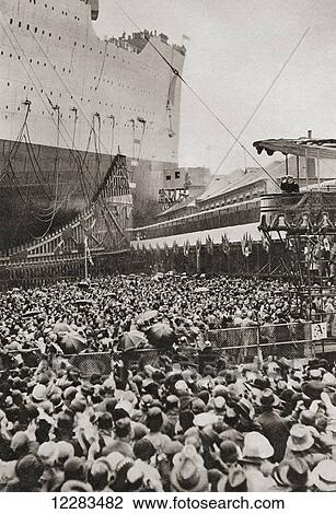The queen launches the Cunard Liner Queen Mary, September 26, 1934 at Clydebank, Scotland. From The Illustrated London News, Silver Jubilee Record Number, 1910-1935 View Large Photo Image Stock Image - The queen launches the Cunard Liner Queen Mary, September 26, 1934 at Clydebank, Scotland. From The Illustrated London News, Silver Jubilee Record Number, 1910-1935. Fotosearch