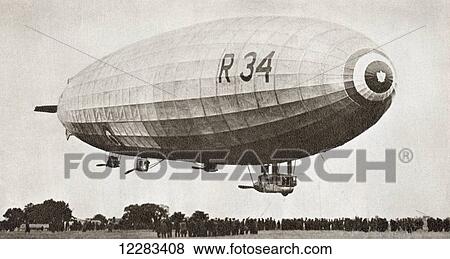 The R34, rigid airship, landing at Pulham, Norfolk, England, July 13th 1918, after it's first return Atlantic crossing. From The Story of 25 Eventful Years in Pictures, published 1935. View Large Photo Image Stock Photo - The R34, rigid airship, landing at Pulham, Norfolk, England, July 13th 1918, after it's first return Atlantic crossing. From The Story of 25 Eventful Years in Pictures, published 1935.. Fotosearch