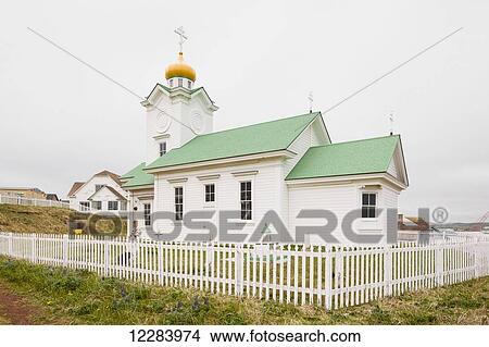 Picture - The Russian Orthodox Church in St. Paul, St. Paul Island, Southwestern Alaska, USA, Summer. Fotosearch