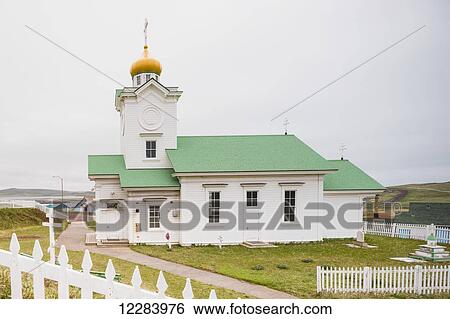 Stock Photograph - The Russian Orthodox Church in St. Paul, St. Paul Island, Southwestern Alaska, USA, Summer. Fotosearch