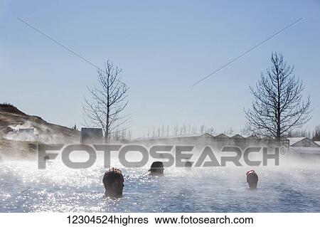 Stock Photograph - The secret lagoon, gamla laugin, hot springs; Fludir, South, Iceland. Fotosearch