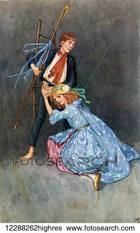 Stock Photograph - The Shepherdess and The Chimney Sweeper. Colour illustration by Helen Stratton from the book Hans Andersen's Fairy Tales published c. 1930.. Fotosearch