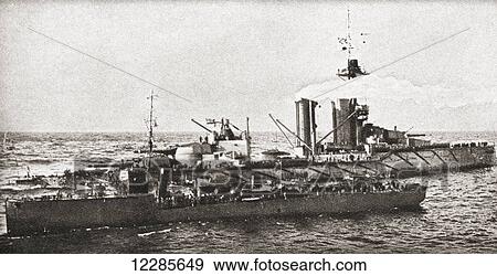 Stock Photo - The sinking of HMS Audacious after striking a German naval mine off the northern coast of Donegal, Ireland in 1914. From The Pageant of the Century, published 1934. Fotosearch