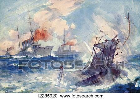 The sinking of the German submarine SM U-15 after being rammed by the British light cruiser H. M. S. Birmingham, 9 August 1914 during World War One. From The History of the Great War, published c. 1919 View Large Photo Image Stock Image - The sinking of the German submarine SM U-15 after being rammed by the British light cruiser H. M. S. Birmingham, 9 August 1914 during World War One. From The History of the Great War, published c. 1919. Fotosearch