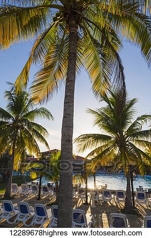 Stock Photograph - The sun sets behind palm trees outlining the pool and lounge chairs at a resort in Cuba; Varadero, Cuba. Fotosearch