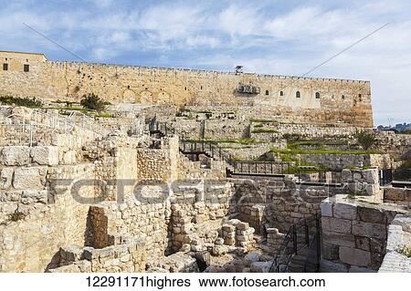 Stock Photograph - The three sealed-up arches in the southern wall of Jerusalem's Temple Mount mark the location of the ancient Huldah (Triple) Gate; Jerusalem, Israel. Fotosearch
