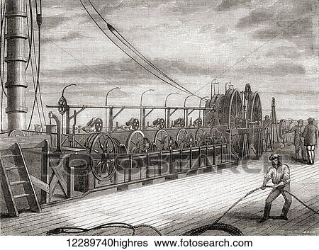 Stock Photograph - The transatlantic telegraph cable unwinding unit aboard the S. S. Great Eastern, 1865. From Les Merveilles de la Science, published c. 1870. Fotosearch