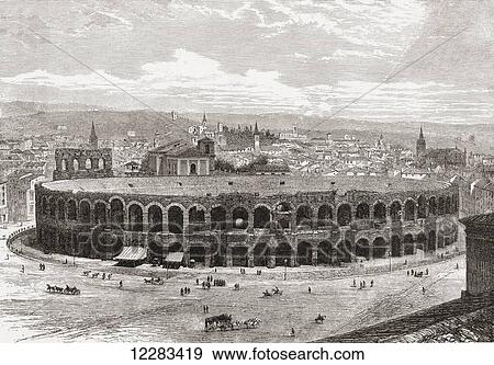 Stock Photo - The Verona Arena, Piazza Bra, Verona, Italy in the late 19th century. From Italian Pictures by Rev. Samuel Manning, published c. 1890.. Fotosearch