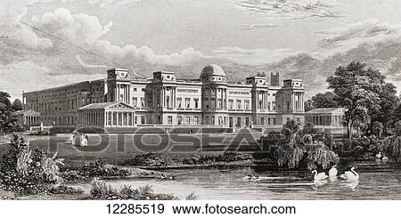 Stock Photo - The West or Garden Front of Buckingham Palace in 1831, with the dome and low towers which afterwards were removed. From Buckingham Palace, Its Furniture, Decoration and History, published 1931.. Fotosearch