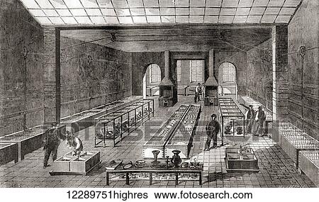 Stock Photograph - The workshop containing the chemical baths in Charles Christofle's electro plating plant, Paris, France in 1867. From Les Merveilles de la Science, published c. 1870. Fotosearch