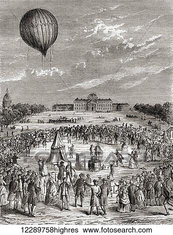The world's first hydrogen balloon, launched over the Champs de Mars, Paris, France in 1783. Launched by Nicolas-Louis Robert and professor Jacques Charles. From Les Merveilles de la Science, published c. 1870 View Large Photo Image Stock Photograph - The world's first hydrogen balloon, launched over the Champs de Mars, Paris, France in 1783. Launched by Nicolas-Louis Robert and professor Jacques Charles. From Les Merveilles de la Science, published c. 1870. Fotosearch