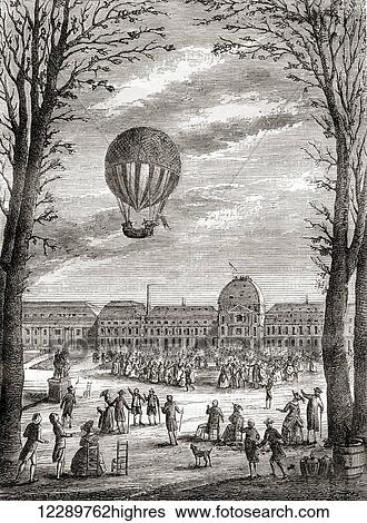 Stock Photograph - The world's first manned hydrogen balloon flight over the Champs de Mars, Paris, France in 1 December 1783, piloted by Nicolas-Louis Robert and professor Jacques Charles. From Les Merveilles de la Science, published c. 1870. Fotosearch