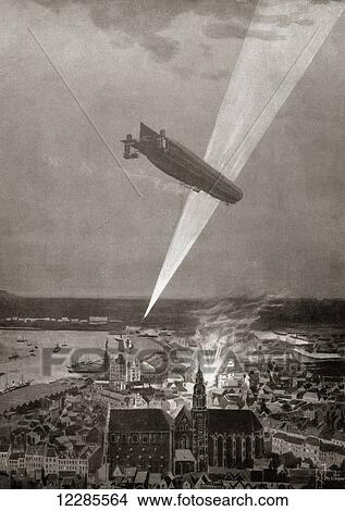 Picture - The Zeppelin bombardment of Antwerp, Belgium, August 1914, in defiance of the Hague Convention. From The War Illustrated Album Deluxe, published 1915.. Fotosearch
