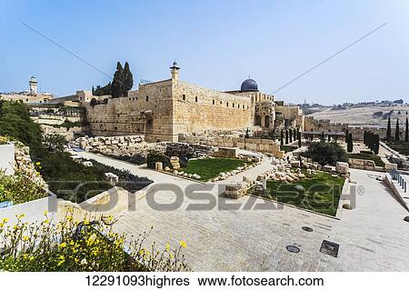 Stock Photograph - This present-day photo is a Northeast view looking toward the Temple Mount area; Jerusalem, Israel. Fotosearch