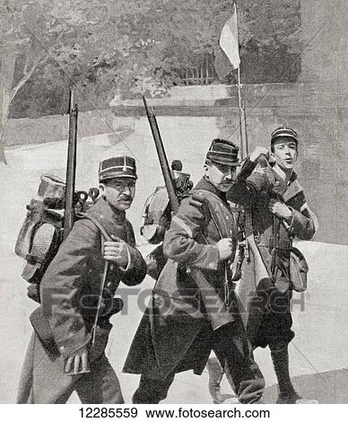 Three French soldiers marching off to fight during WWI. From The War Illustrated Album Deluxe, published 1915. View Large Photo Image Stock Photo - Three French soldiers marching off to fight during WWI. From The War Illustrated Album Deluxe, published 1915.. Fotosearch