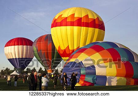 Three hot air balloons tethered and one filling and getting ready to ascend, large crowd below on field; Ripon, California, United States of America View Large Photo Image Stock Photograph - Three hot air balloons tethered and one filling and getting ready to ascend, large crowd below on field; Ripon, California, United States of America. Fotosearch