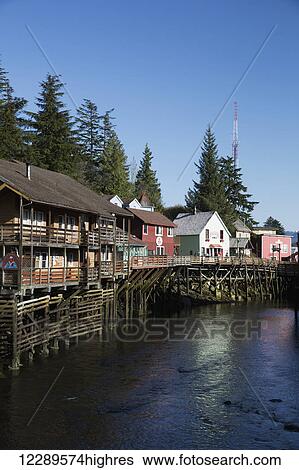 Tourist shops and homes along Creek Street in downtown Ketchikan, Southeast Alaska, USA, Spring View Large Photo Image Stock Photograph - Tourist shops and homes along Creek Street in downtown Ketchikan, Southeast Alaska, USA, Spring. Fotosearch