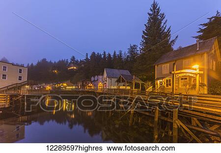 Tourist shops and homes along Creek Street in downtown Ketchikan on a foggy evening, Southeast Alaska, USA, Spring, HDR View Large Photo Image Stock Photograph - Tourist shops and homes along Creek Street in downtown Ketchikan on a foggy evening, Southeast Alaska, USA, Spring, HDR. Fotosearch