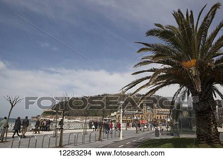 Tourists and locals walking past a palm tree next to the esplanade Paseo de la Concha above La Concha beach with the two towers of the Town Hall and Mount Urgull in the distance; San Sebastian, Spain View Large Photo Image Picture - Tourists and locals walking past a palm tree next to the esplanade Paseo de la Concha above La Concha beach with the two towers of the Town Hall and Mount Urgull in the distance; San Sebastian, Spain. Fotosearch