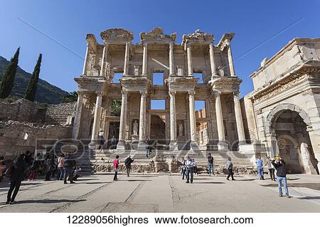 Stock Photograph - Tourists at Celsus Library; Ephesus, Izmir, Turkey. Fotosearch