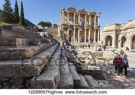 Stock Photograph - Tourists at Celsus Library; Ephesus, Izmir, Turkey. Fotosearch
