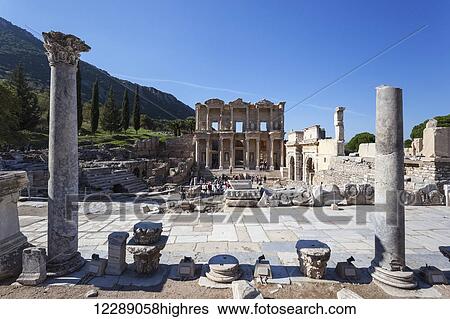 Stock Photograph - Tourists at Celsus Library; Ephesus, Izmir, Turkey. Fotosearch