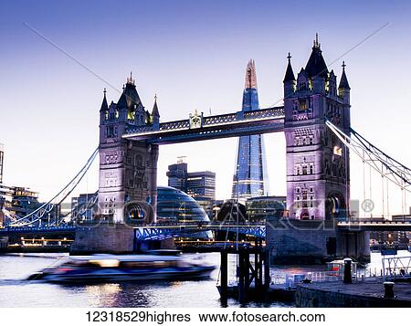 Stock Photograph - Tower Bridge, Shard and City Hall; London, England. Fotosearch