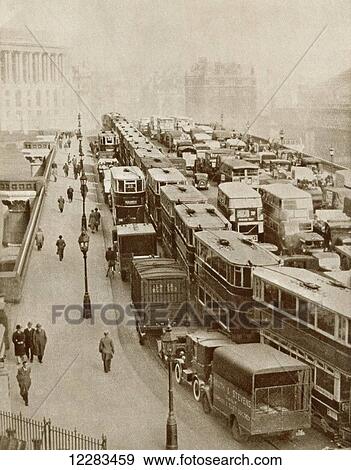 Traffic jam on Blackfriars Bridge, London, England in the 1930's. From The Story of 25 Eventful Years in Pictures published 1935 View Large Photo Image Stock Photo - Traffic jam on Blackfriars Bridge, London, England in the 1930's. From The Story of 25 Eventful Years in Pictures published 1935. Fotosearch