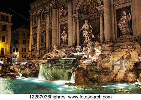 Stock Photograph - Trevi Fountain at nighttime; Rome, Italy. Fotosearch