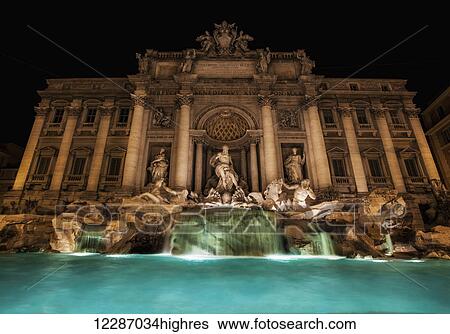 Trevi fountain illuminated at nighttime; Rome, Italy View Large Photo Image Stock Photograph - Trevi fountain illuminated at nighttime; Rome, Italy. Fotosearch