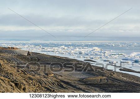 Stock Photograph - Two native Alaskan men drive an ATV down a sand beach along the Arctic Ocean filled with sea ice in summer, 0rth Slope, Arctic Alaska, USA. Fotosearch